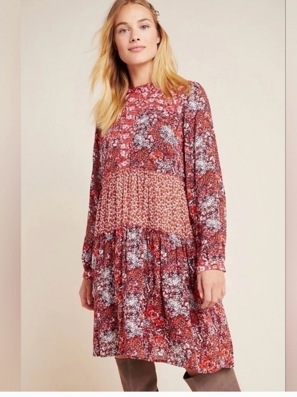 Anthropologie Maeve Esther Tiered Tunic Dress Sz L Red Boho Mixed Print Floral
